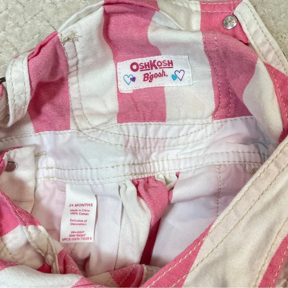 Oshkosh BGosh Y2K Pink White Stripe Dress Overalls Floral Embroidery Size 24 mos